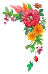 水彩で描いた秋の花の上部コーナーフレーム
