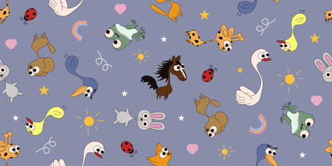 Kids room wallpaper. Vector seamless trellis with adorable animals. Seamless pattern of  swan, cat, bunny, horse, giraffe, frog, bird. Ideal for child prints, nursery wall decor, fabric, textile print