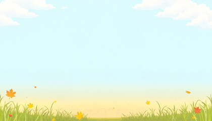 Cartoon autumn meadow, blue, green and yellow colors, idyllic background with copy space words + concept