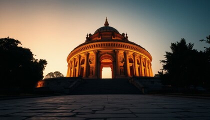 Obraz premium Dramatic Sunset Illuminates Historic Building Architecture with Majestic Columns Silhouette