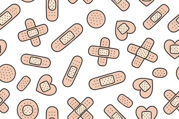 Seamless pattern of medical plasters in doodle style. Bandage for treating small skin cuts, postoperative sutures, skin damage and wounds. Vector