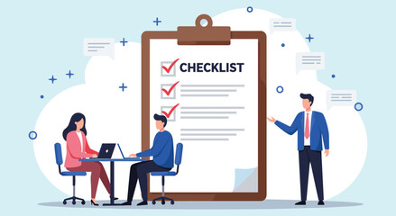 Business Checklist and Task Management: Professionals Reviewing a Large Checklist with Checkmarks, Indicating Project Completion, Progress Tracking, and Efficient Planning