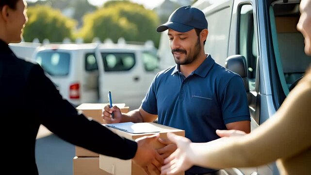 Courier Handing Over Package for Signature Next to Delivery Van in Residential Neighborhood