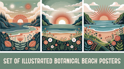 Set of illustrated botanical beach poster flyers prints eps