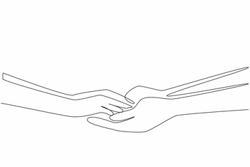 Single continuous line drawing hand of man holding hand of woman. Promise to return from state duty. Erase sadness. Commitment. Encouragement. National Honesty Day. One line design vector illustration