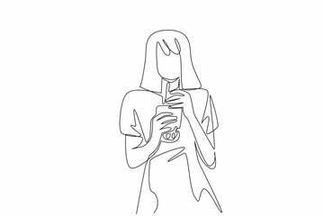 Single continuous line drawing a woman in casual clothes holds glass of bubble tea with both hands. Sweet drink lovers. Made from tapioca. National Bubble Tea Day. One line design vector illustration