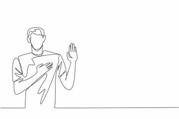 Single continuous line drawing man in casual clothes posing swear gesture. Honest and trustworthy nature. Has many friends and relations. National Honesty Day. One line design vector illustration