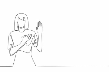 Continuous one line drawing woman in casual clothes posing oath gesture. Not looking for justification but indeed trustworthy. Sign. National Honesty Day. Single line draw design vector illustration