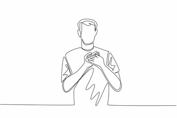 Single one line drawing man poses with crossed palms on left chest. The deepest gratitude. A pleasant positive gesture. Grateful. National Honesty Day. Continuous line design graphic illustration