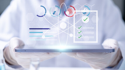 Close-up hand scientist recording experiment results data analysis in laboratory science medicine research concept