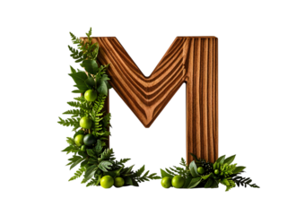 Wooden Letter M Adorned with Green Greenery and Small Fruits on White Background isolated on a transparent background
