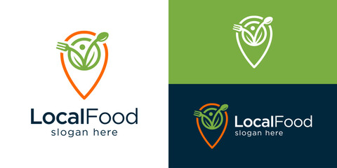 Creative simple local food logo template. Pin point map with fork spoon leaf logo design vector illustration.