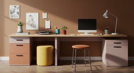 Naklejka premium Modern Workspace with Warm Tones and Minimalist Decor