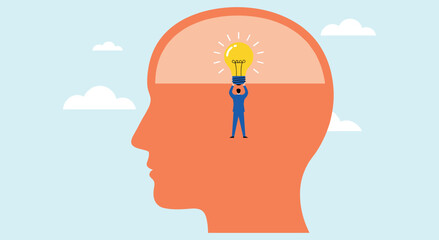 Creative Idea Generation and Innovative Thinking: Businessman Placing a Bright Lightbulb Inside a Human Head, Symbolizing Inspiration, Solution, and Mental Clarity