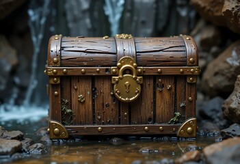  Miniature chest with warped, weather-beaten wooden panels and a sculpted gold lock, hidden behind a waterfall inside a secret pirate hideout.


