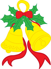 Two festive yellow bells adorned with holly and a red bow.