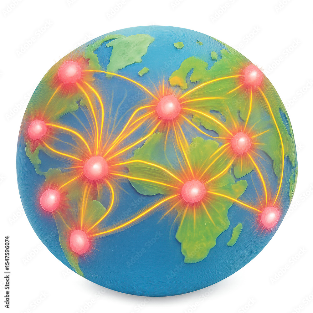 Poster vibrant globe illustration depicting global connectivity with glowing connections between continents