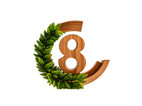 Wooden Number Eight Symbol with Green Fern Leaves Circular Frame on White Background isolated on a transparent background 1