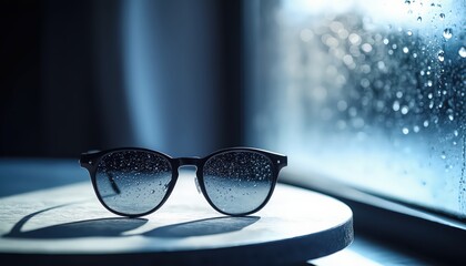 Rainy Day Shades: A stylish pair of sunglasses rests on a table in front of a rain-streaked window, a captivating fusion of elegance and the calming aura of a rainy day.