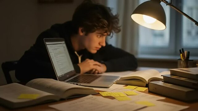 Young student studying late at night with books and notes scattered on a desk under a warm lamp light