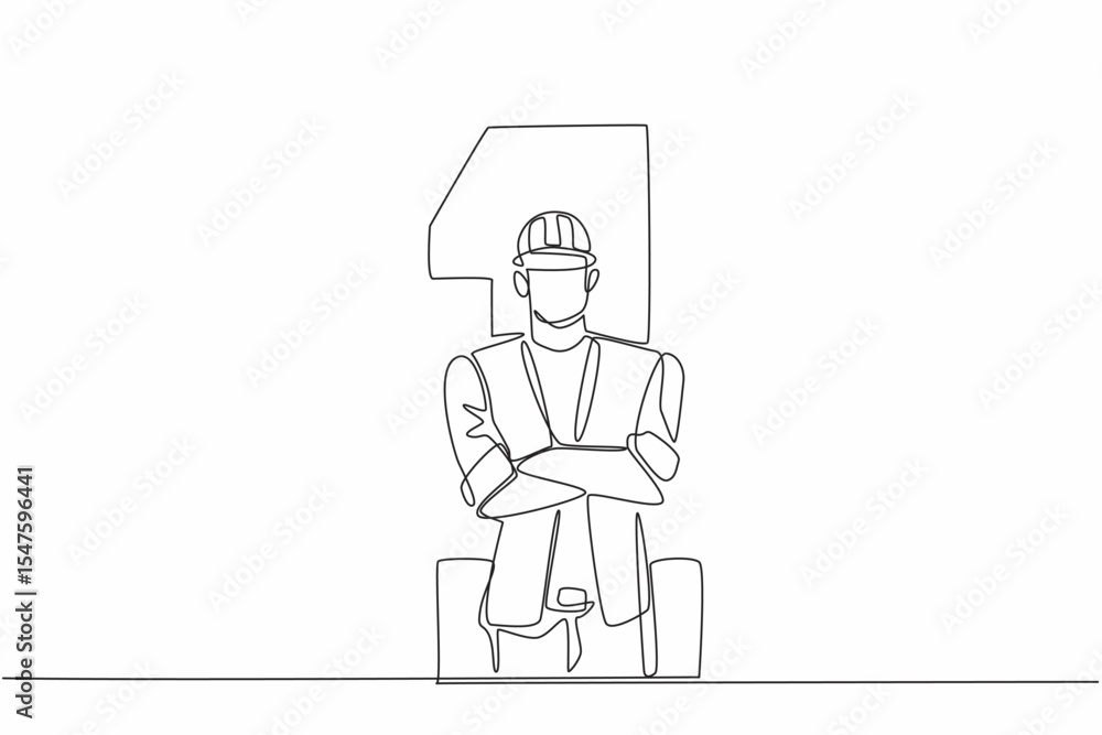 Aufkleber single continuous line drawing worker crossing his arms in the middle of the big number 1. a reminde