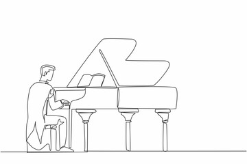 Single one line drawing a man sitting playing a grand piano. A skilled musician in the fields of classical and jazz music. Show. International Jazz Day. Continuous line design graphic illustration