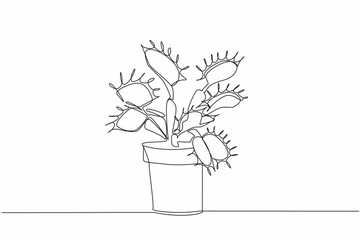 Single continuous line drawing some venus flytraps in pot. This plant eats insects to meet its nutritional needs. Benefits for humans. World Carnivorous Plant Day. One line design vector illustration