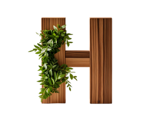 Wooden Number H Decorated with Lush Green Greenery on White Background isolated on a transparent background