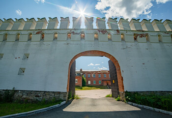 White walls of the smallest and youngest in Russia Verkhoturye Kremlin. Urals, June 2025.