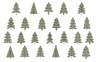Big Set of green Christmas trees. Christmas tree icons in doodle style. Trendy design for greeting cards, posters, t-shirts, banners, flyers, websites, printable invitations. Vector 