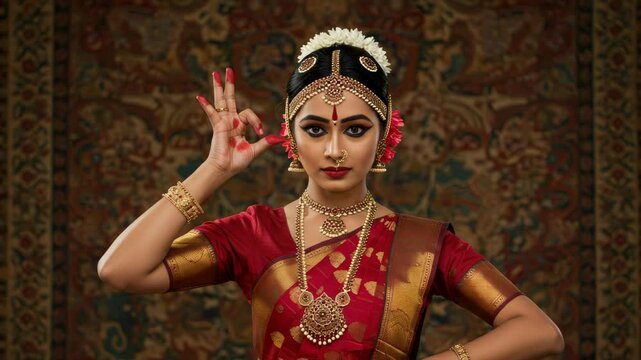 Classical Indian Bharatanatyam Dancer Performing a Mudra Hand Gesture with Grace and Elegance