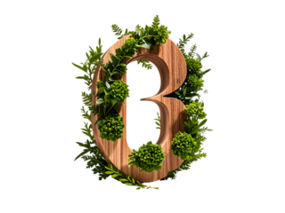Wooden Number Three Adorned with Lush Green Foliage Against a Pure White Background isolated on a transparent background