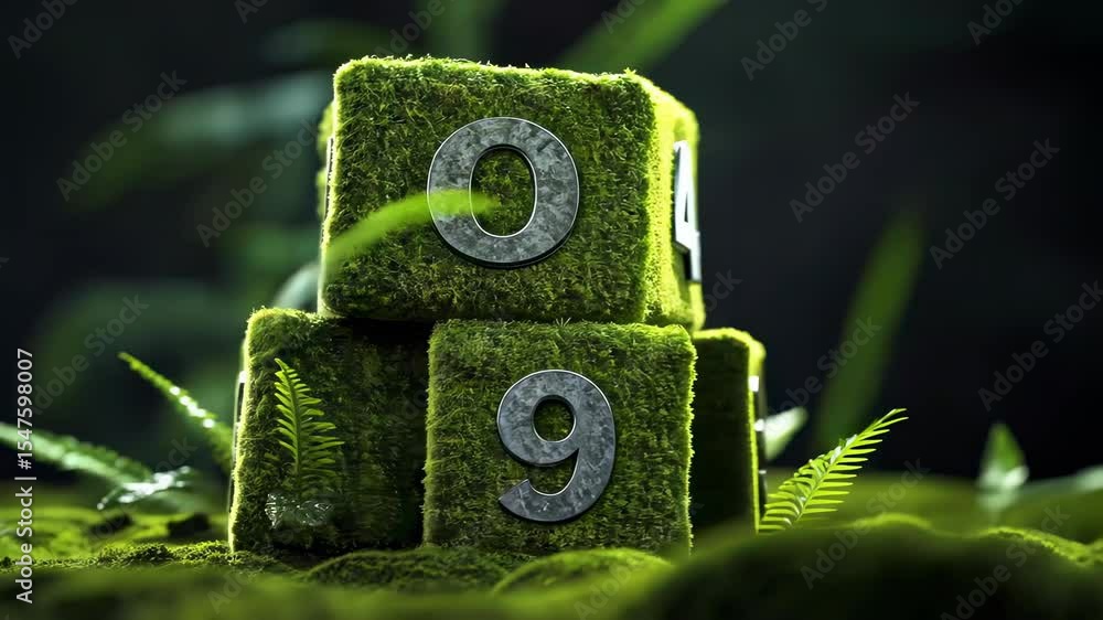 Poster green moss cubes with numbers in a forest setting
