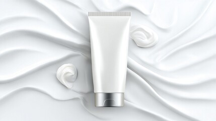 A tube of white cream is placed on a white cloth. The cream is positioned in the center of the cloth, surrounded by a white background