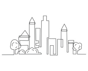 Naklejka premium A clean, modern cityscape illustration drawn in a single continuous line. Featuring skyscrapers, trees, and geometric forms, perfect for design projects needing a minimalist urban touch.