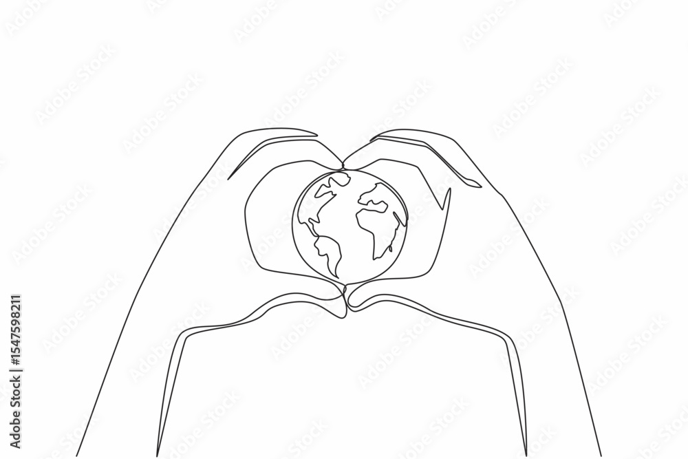 Poster continuous one line drawing 2 hands forming heart shape and in the middle of the hands is round glob
