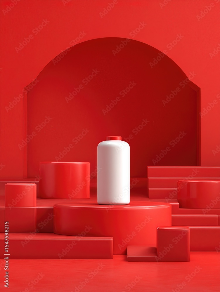Poster a white bottle is placed on a red pedestal in front of a red arch. the bottle is empty and the arch 