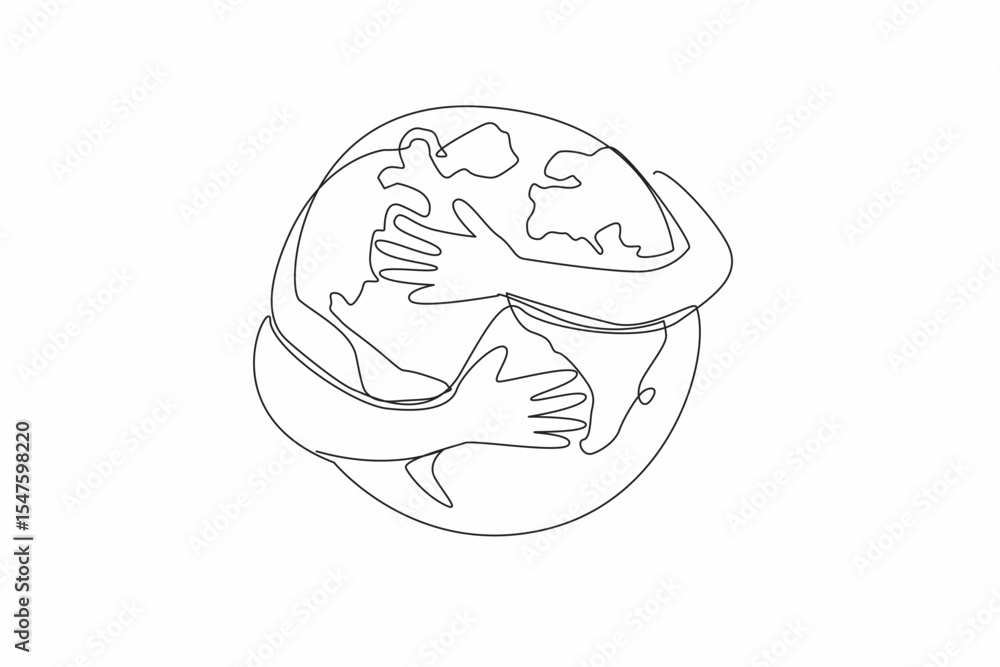 Aufkleber single continuous line drawing 2 hands hugging a heart shaped globe. symbolism of doing whatever it 