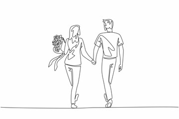 Single one line drawing a couple walking hand in hand and the wife carrying a bouquet of flowers. Towards happiness together. Love. Couple Appreciation Day. Continuous line design graphic illustration