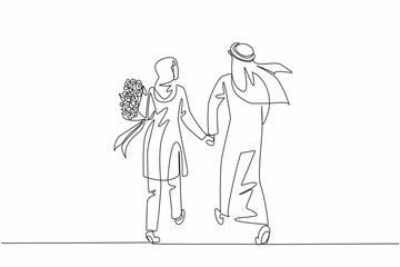 Continuous one line drawing a couple walking hand in hand and the wife carrying a bouquet of flowers. Symbolism of aging together. Couple Appreciation Day. Single line draw design vector illustration