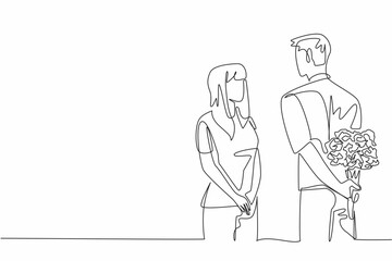 Single continuous line drawing husband brings bouquet of flowers and hides it behind back. Beautiful flowers for the most beautiful wife. Couple Appreciation Day. One line design vector illustration © Simple Line