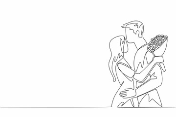 Single continuous line drawing husband kisses forehead of wife while wife holds a bouquet of flowers. The deepest love for wife. Romance. Couple Appreciation Day. One line design vector illustration