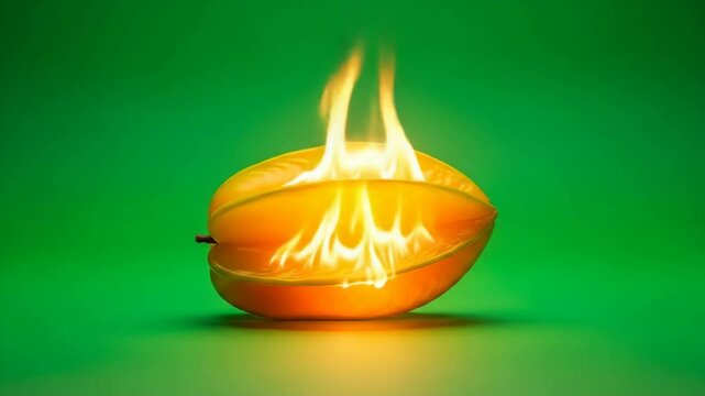 Flaming Star Fruit on Green Background - A vibrant star fruit is depicted with flames gently burning within its center, set against a solid green backdrop.