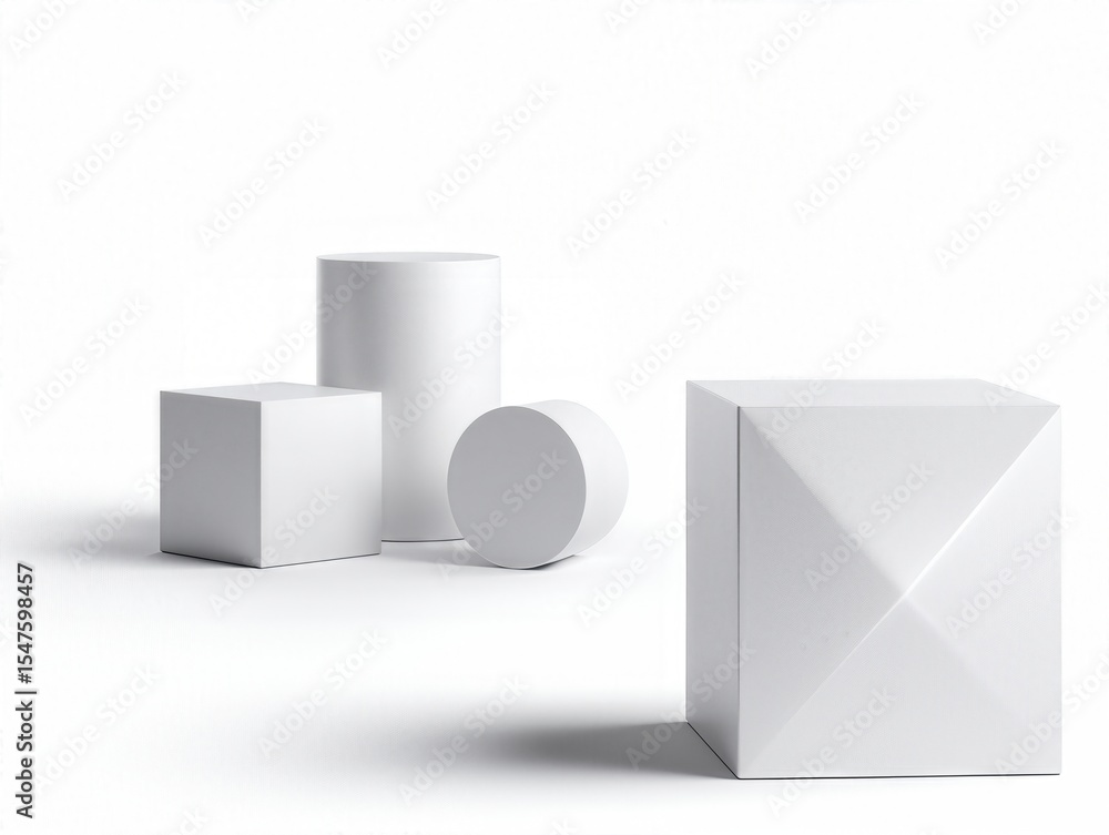 Poster a white cube and two white cylinders are arranged in a row. the cubes are all the same size and the 