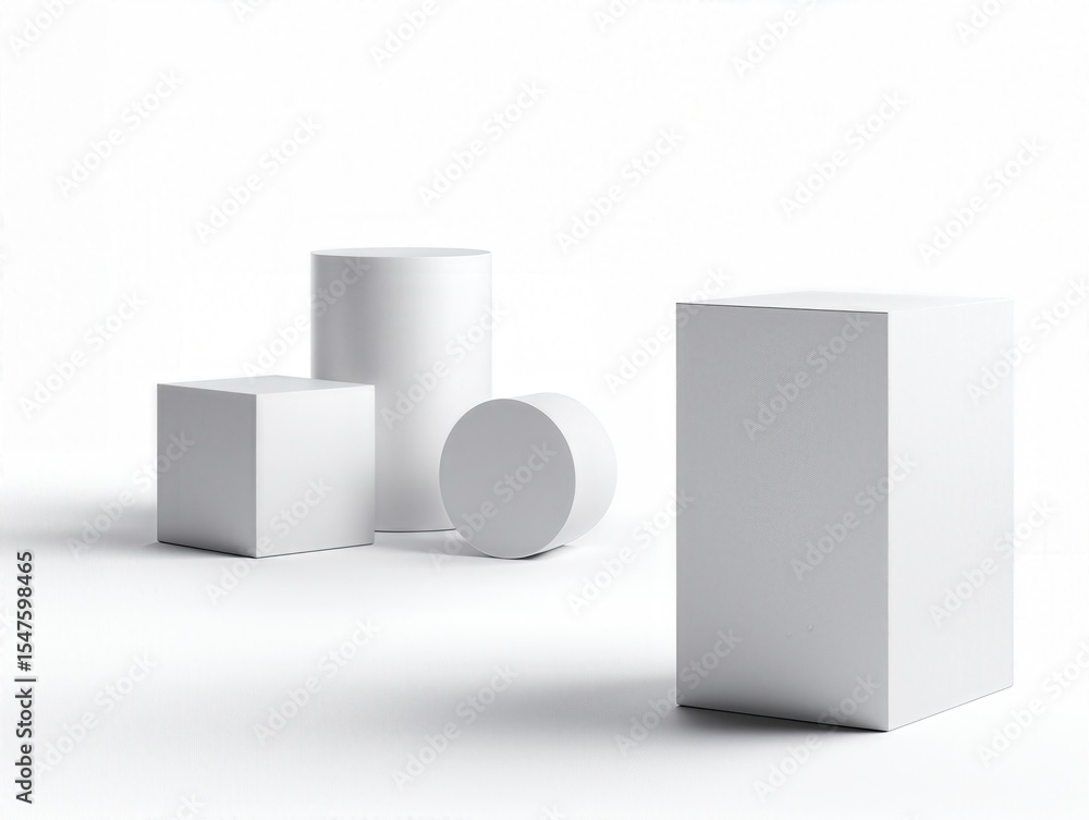 Poster a white cube and two white cylinders are arranged in a row. the cubes are all the same size and shap
