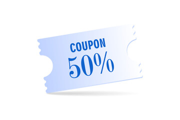 50% discount coupon. 50% coupon promotion sale. Gift Voucher. Blue discount, special offer promo. Web, shopping label, percent sign. Special price offers.