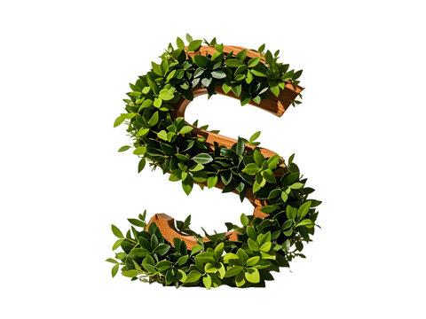 Wooden Number S Shaped Decorated with Lush Green Leaves Isolated on a transparent background letter