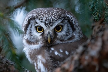 Obraz premium Majestic owl perched among tree branches during twilight in a forest setting