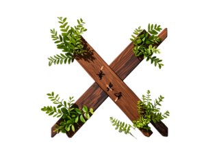 Wooden Number X Decorated with Lush Green Foliage Arranged on a White Background isolated on a transparent background
