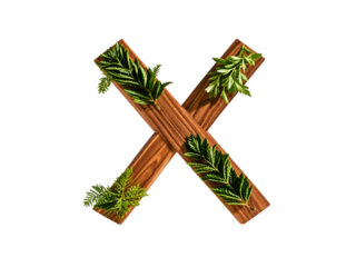 Wooden Number X Decorated with Green Leaves and Branches on White Background isolated on a transparent background